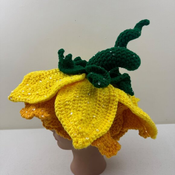 Handmade Crochet Flower Hat With Green Stem & Yellow Petals Fairy Hat Costume main image 4